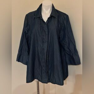Blue V Neck Collar Hidden Buttons Light Denim Blouse 3/4th Slit Sleeves Sz XL